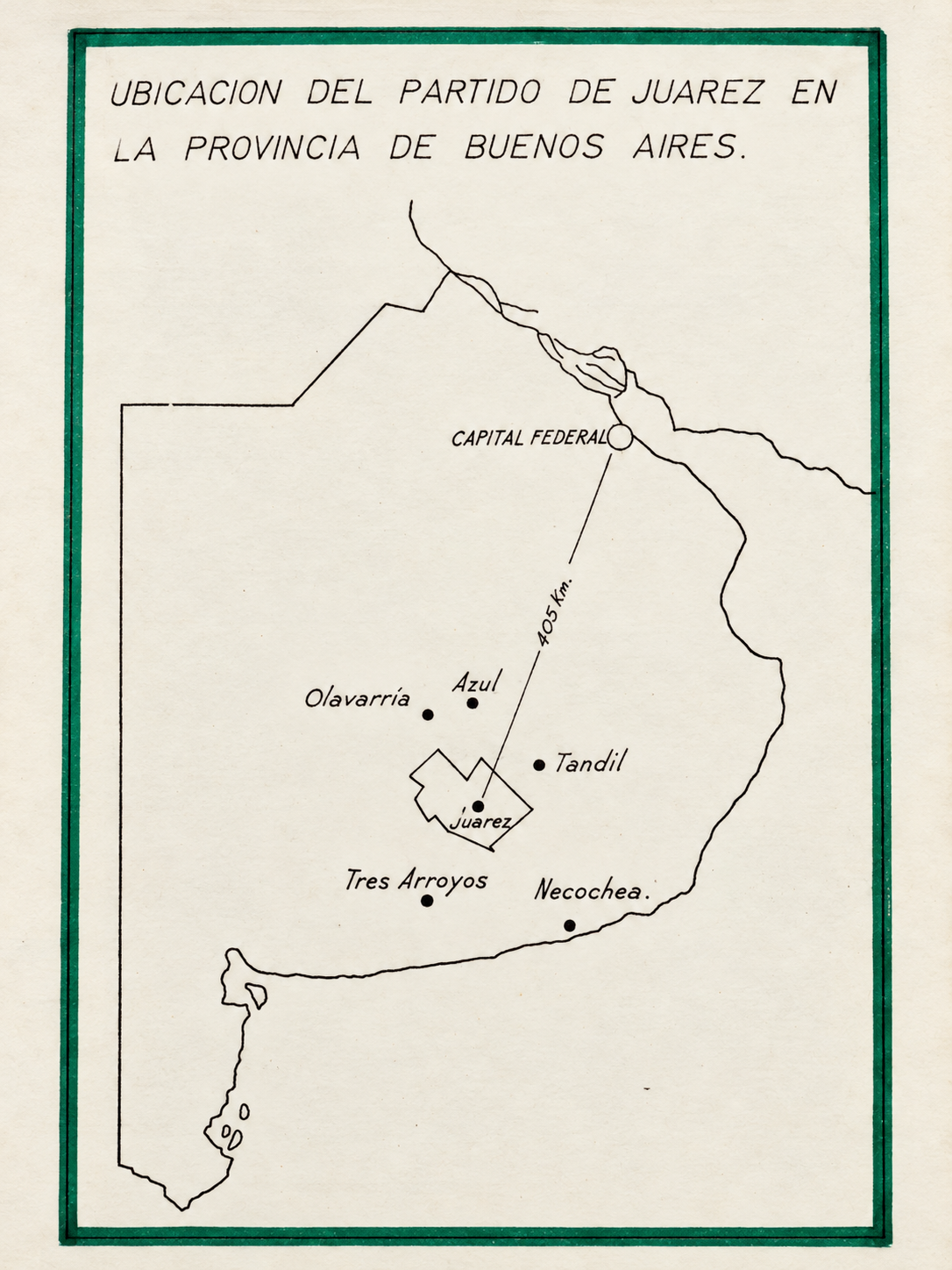 Mapa histórico restaurado con la ubicación del partido de Juárez en la provincia de Buenos Aires