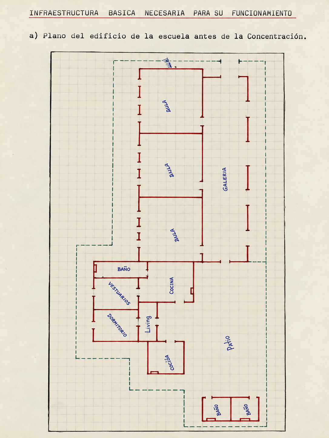 Plano histórico restaurado del edificio escolar antes de la concentración