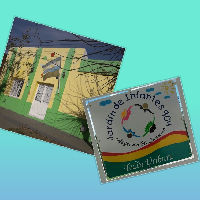 Collage con el edificio y el cartel del Jardín de Infantes N° 904 de Tedín Uriburu
